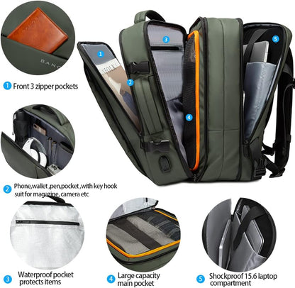 Mochila de viaje impermeable expandible de 26 a 45L con funda para laptop y asa de duffle