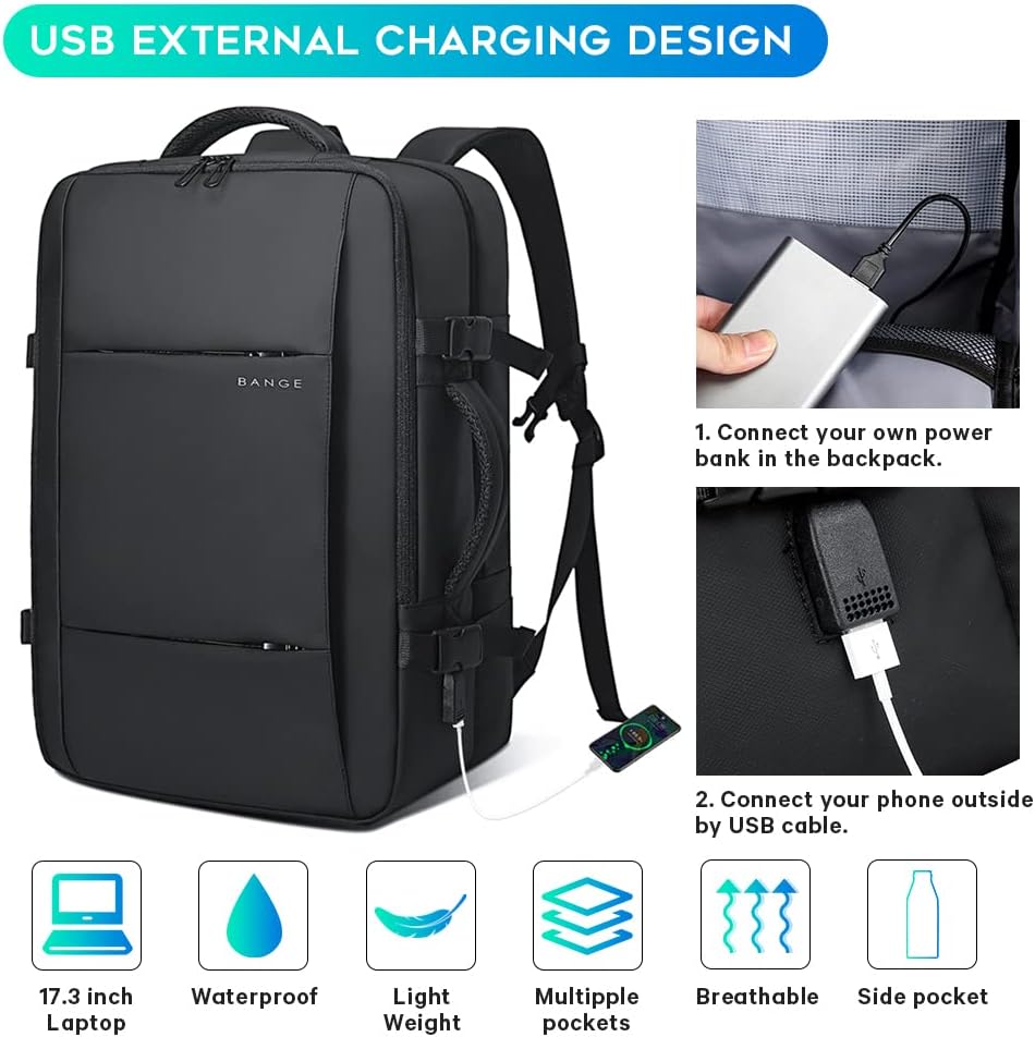 Mochila de viaje impermeable expandible de 26 a 45L con funda para laptop y asa de duffle