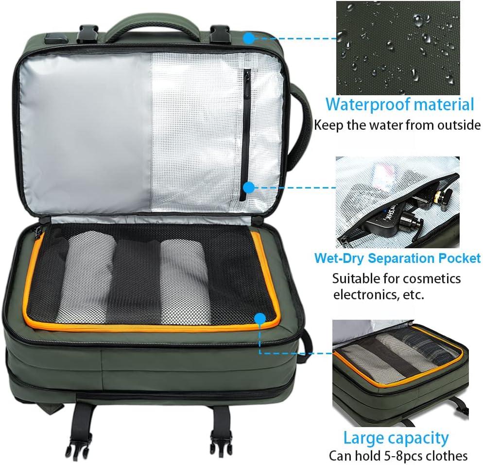 Mochila de viaje impermeable expandible de 26 a 45L con funda para laptop y asa de duffle