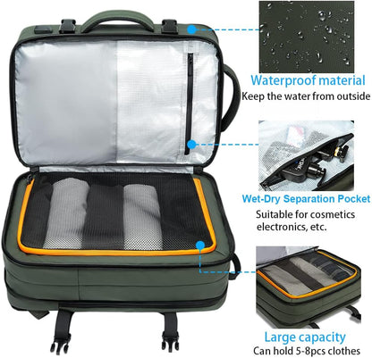 Mochila de viaje impermeable expandible de 26 a 45L con funda para laptop y asa de duffle