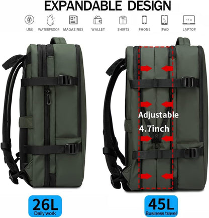 Mochila de viaje impermeable expandible de 26 a 45L con funda para laptop y asa de duffle
