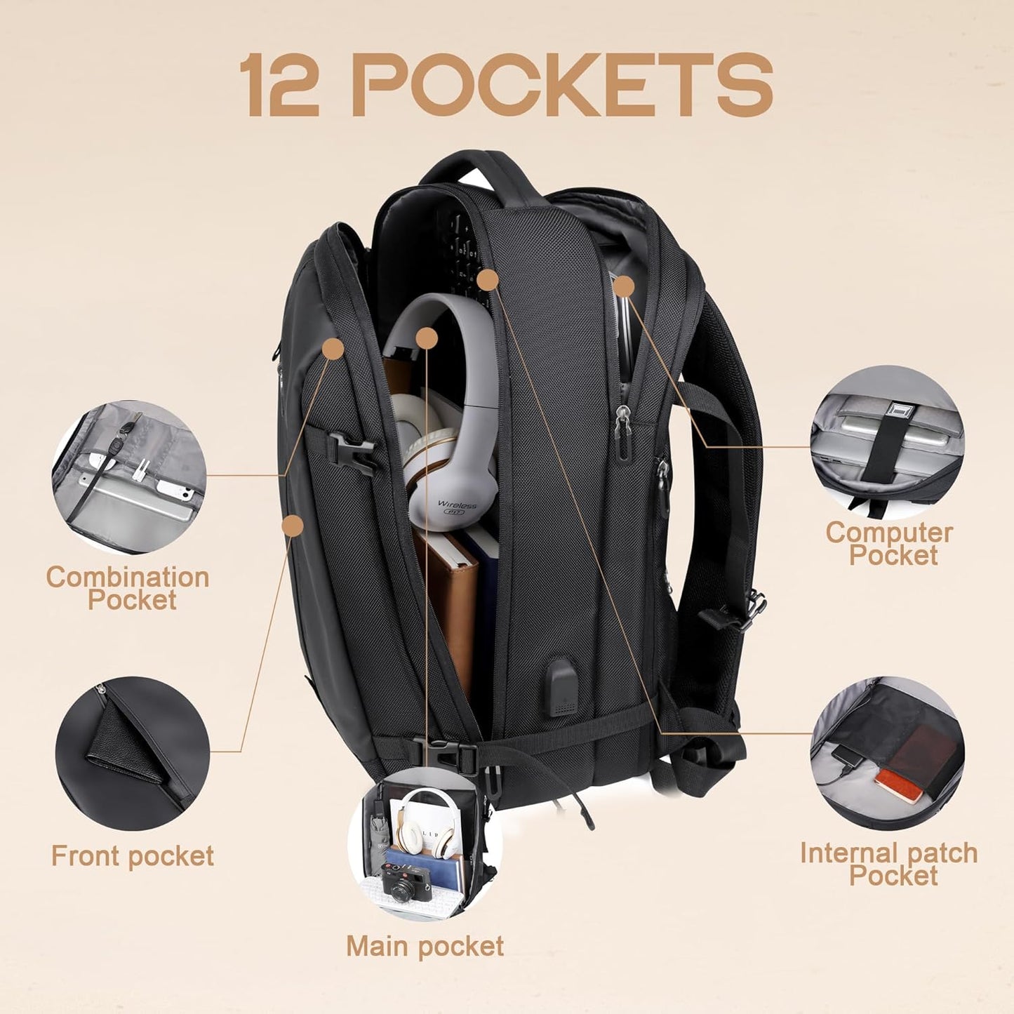 Mochila de Viaje Impermeable Expandible de 40L con Puerto USB y Compartimento para Laptop de 17” (43.18 cm) – AirVoyage