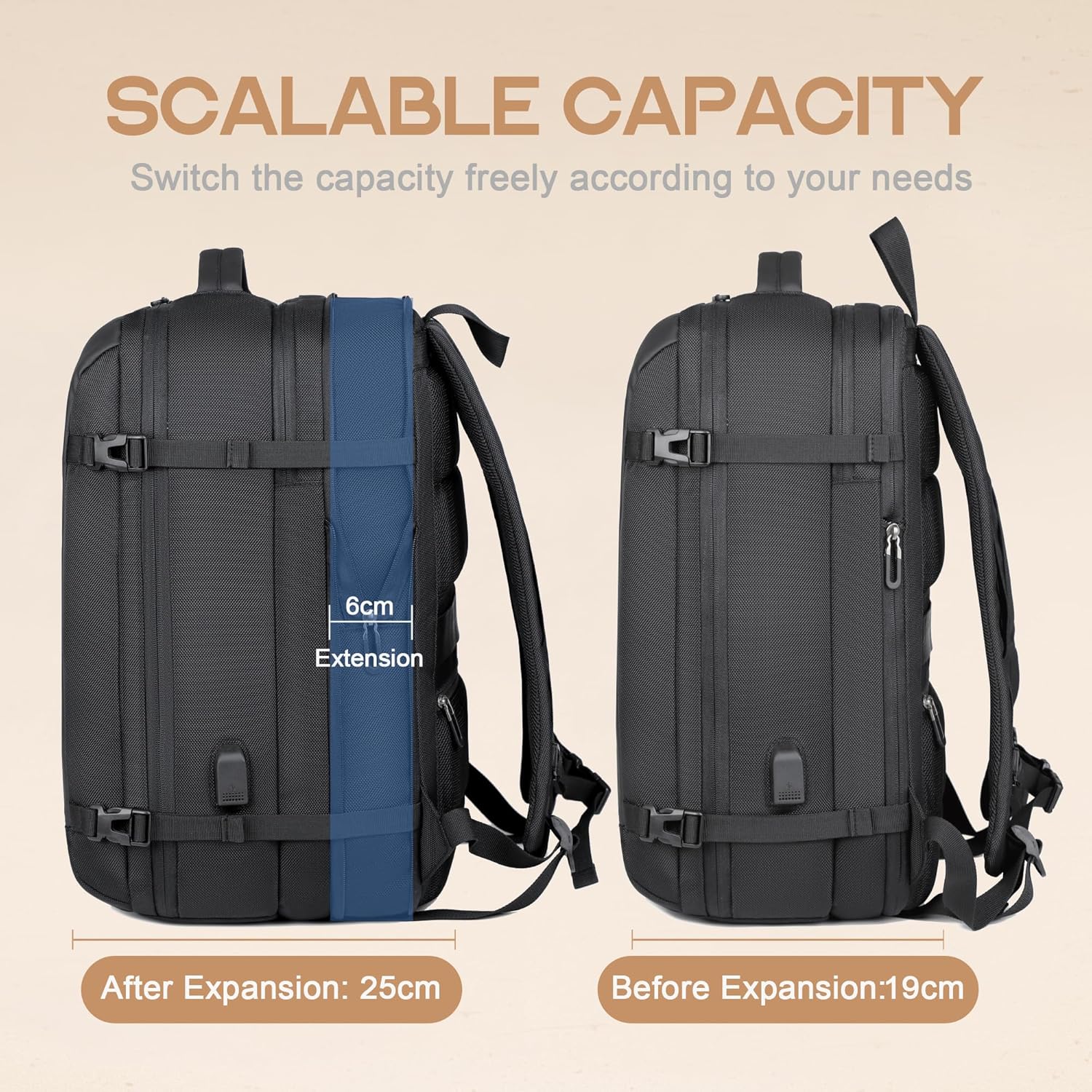 Mochila de Viaje Impermeable Expandible de 40L con Puerto USB y Compartimento para Laptop de 17” (43.18 cm) – AirVoyage