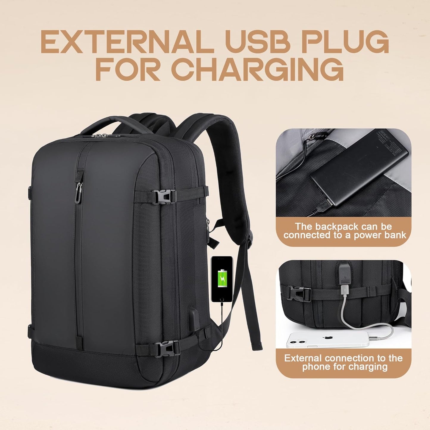 Mochila de Viaje Impermeable Expandible de 40L con Puerto USB y Compartimento para Laptop de 17” (43.18 cm) – AirVoyage