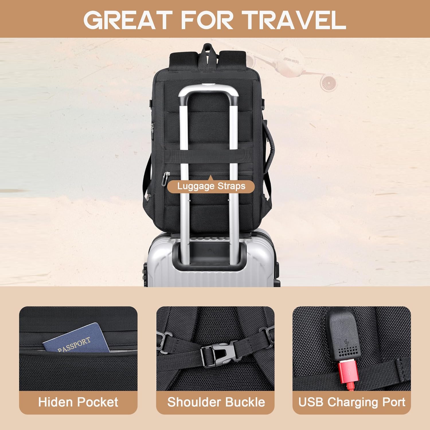 Mochila de Viaje Impermeable Expandible de 40L con Puerto USB y Compartimento para Laptop de 17” (43.18 cm) – AirVoyage