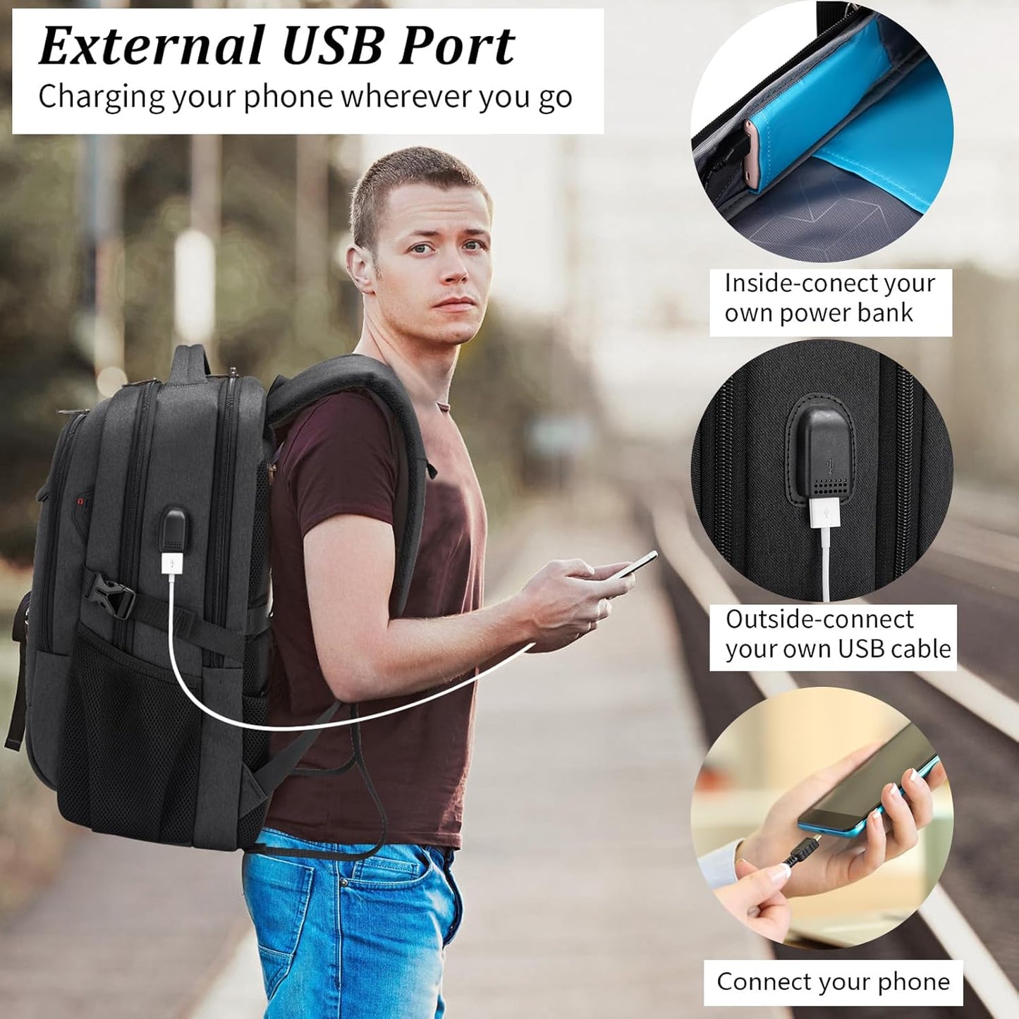 Mochila de Viaje Resistente al Agua para Laptop con Puerto USB y Almacenamiento Organizado