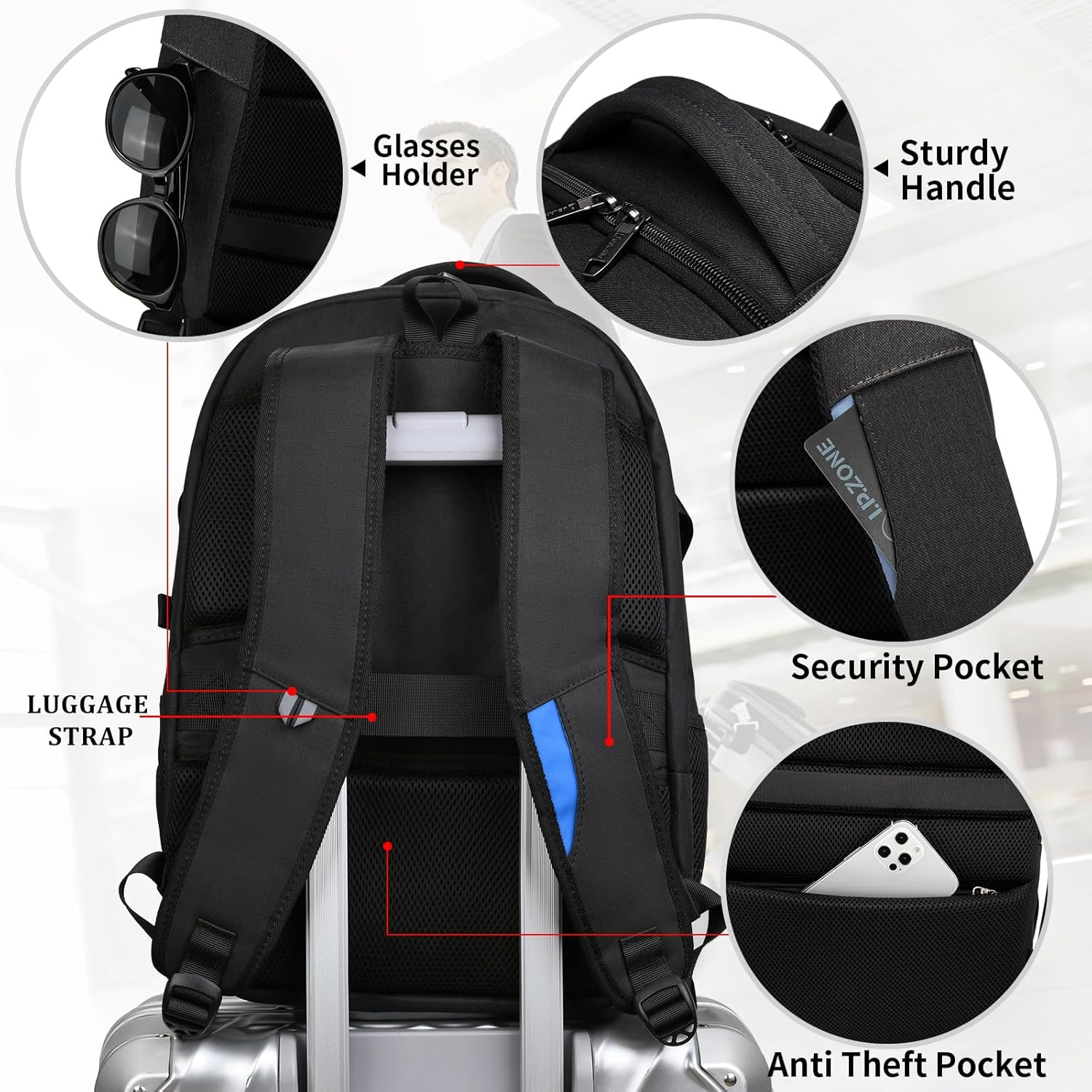Mochila de Viaje Resistente al Agua para Laptop con Puerto USB y Almacenamiento Organizado