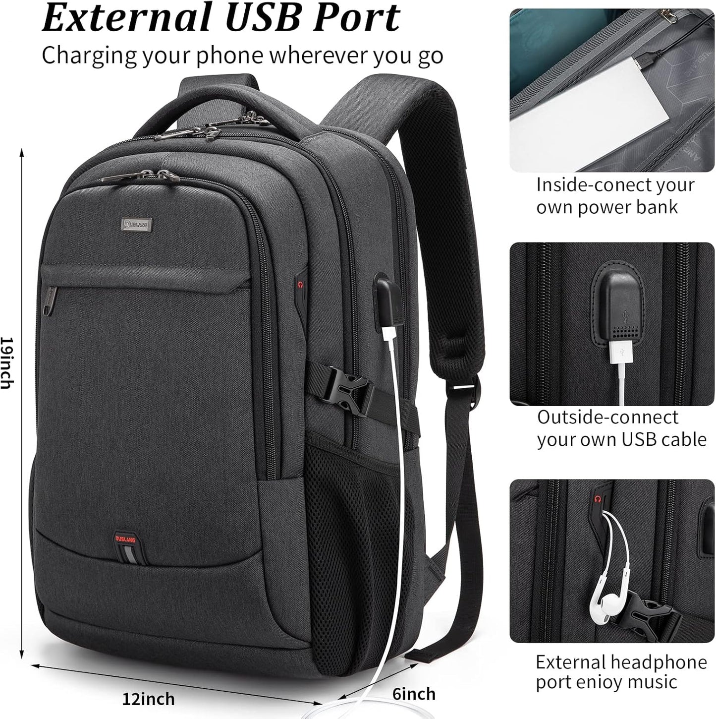 Mochila de Viaje Resistente al Agua para Laptop con Puerto USB y Almacenamiento Organizado
