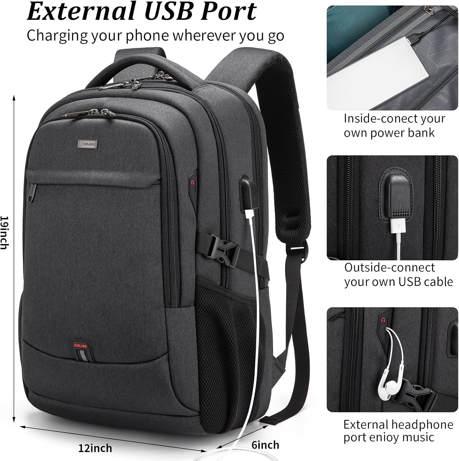 Mochila de Viaje Resistente al Agua para Laptop con Puerto USB y Almacenamiento Organizado