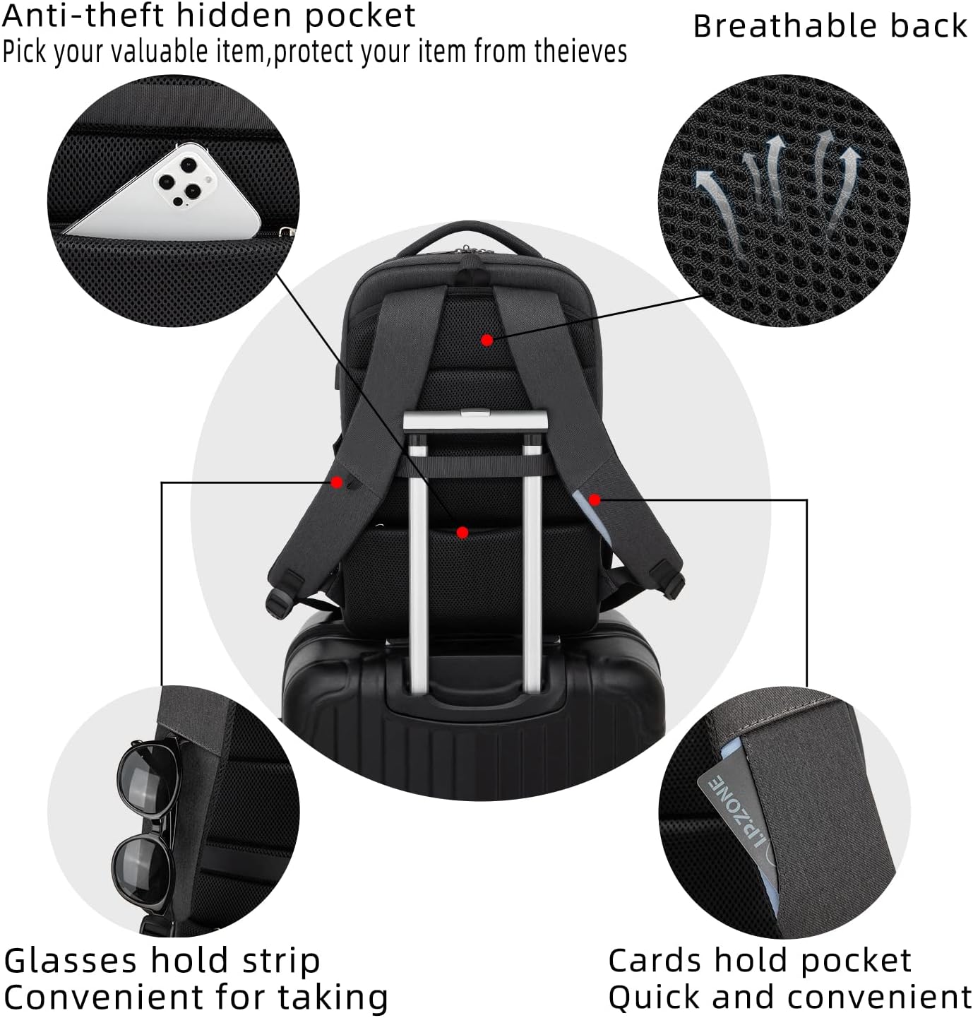 Mochila de Viaje Resistente al Agua para Laptop con Puerto USB y Almacenamiento Organizado