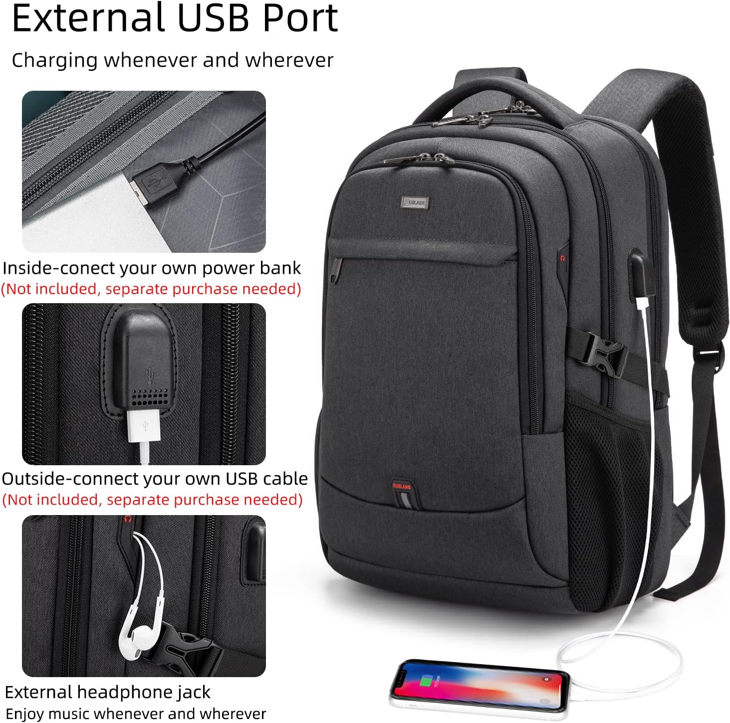Mochila de Viaje Resistente al Agua para Laptop con Puerto USB y Almacenamiento Organizado