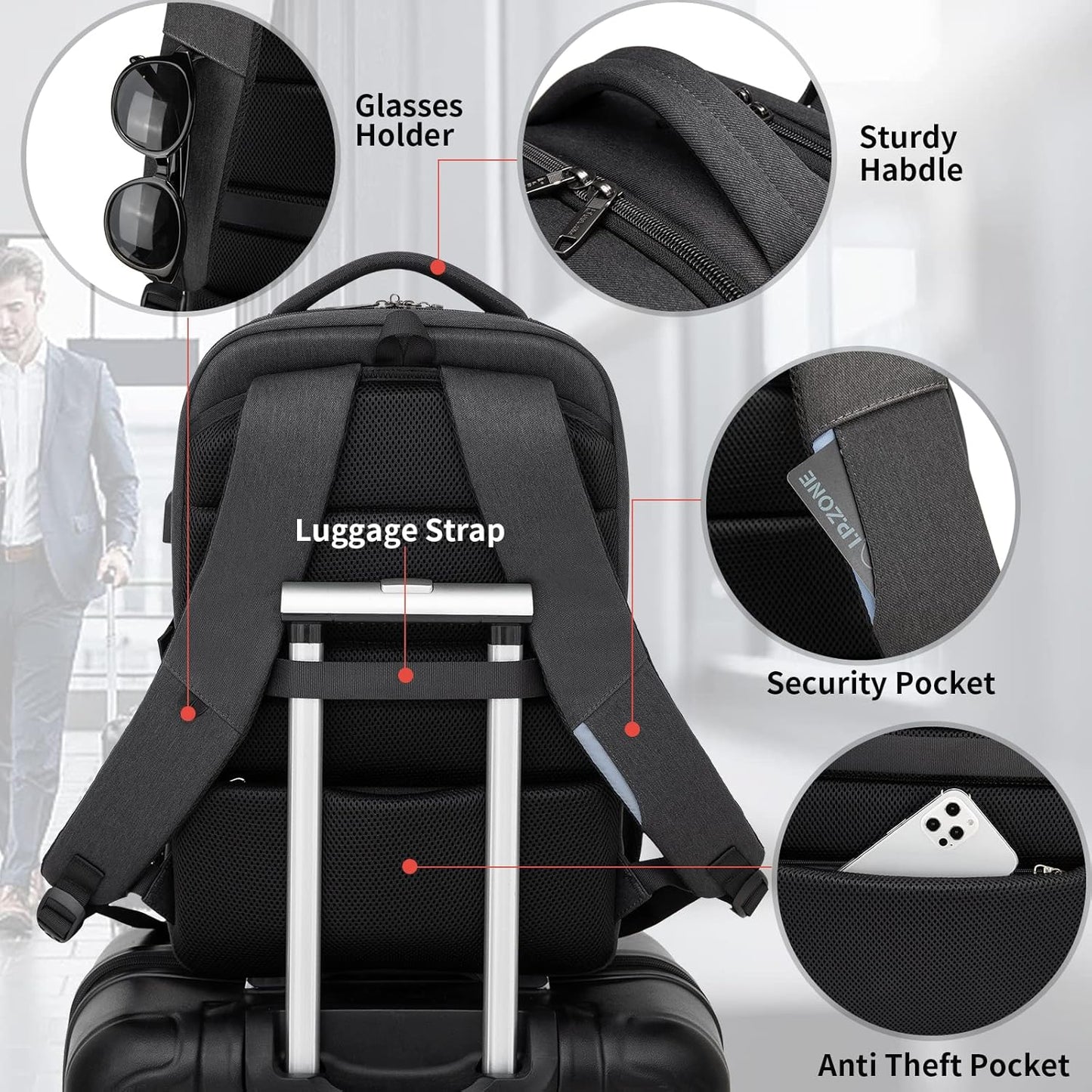 Mochila de Viaje Resistente al Agua para Laptop con Puerto USB y Almacenamiento Organizado