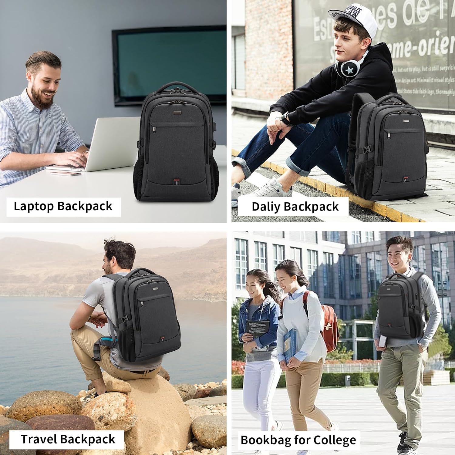 Mochila de Viaje Resistente al Agua para Laptop con Puerto USB y Almacenamiento Organizado