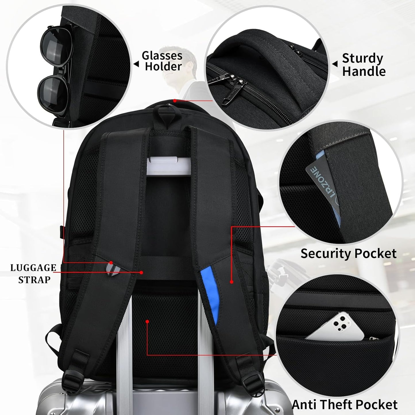 Mochila de Viaje Resistente al Agua para Laptop con Puerto USB y Almacenamiento Organizado