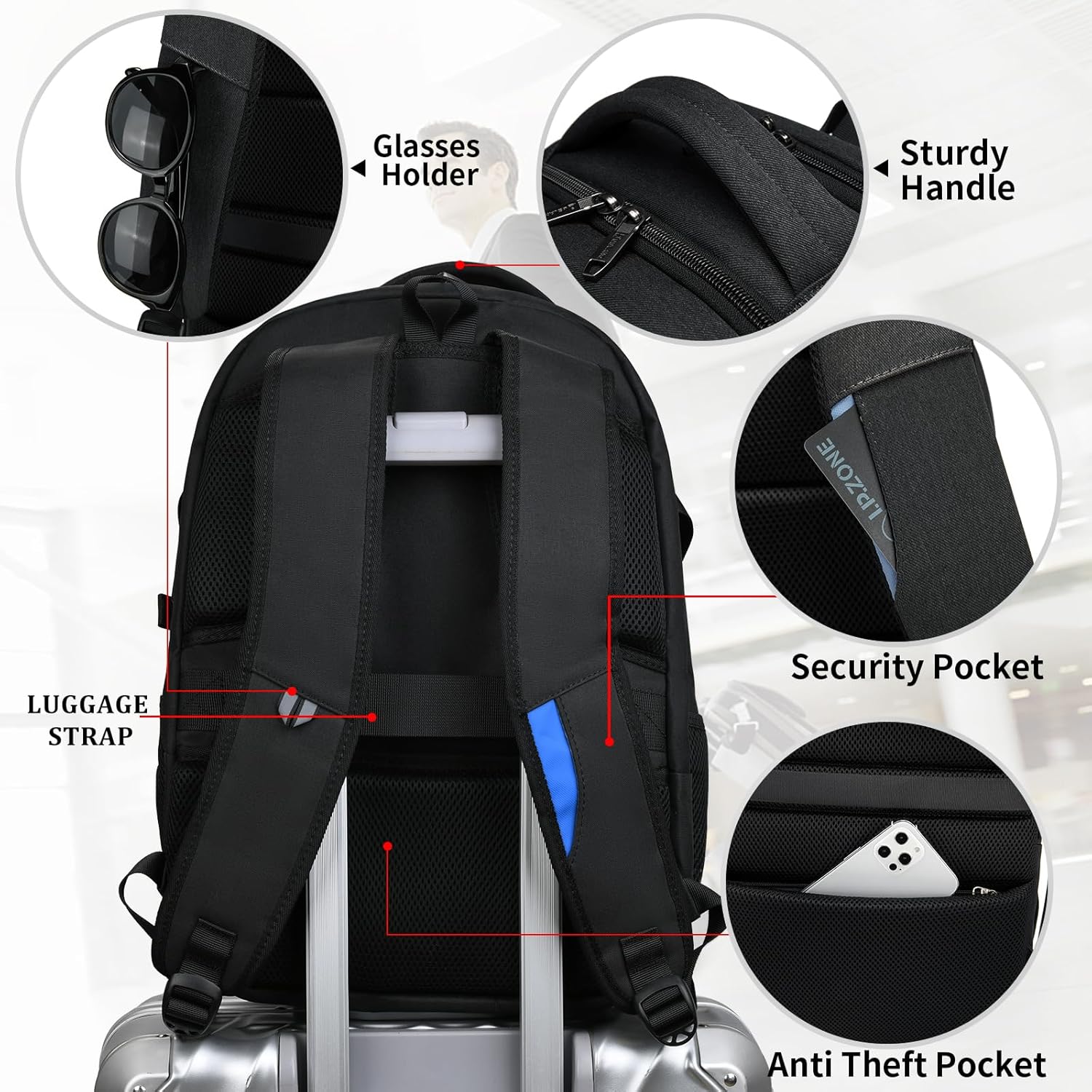 Mochila de Viaje Resistente al Agua para Laptop con Puerto USB y Almacenamiento Organizado