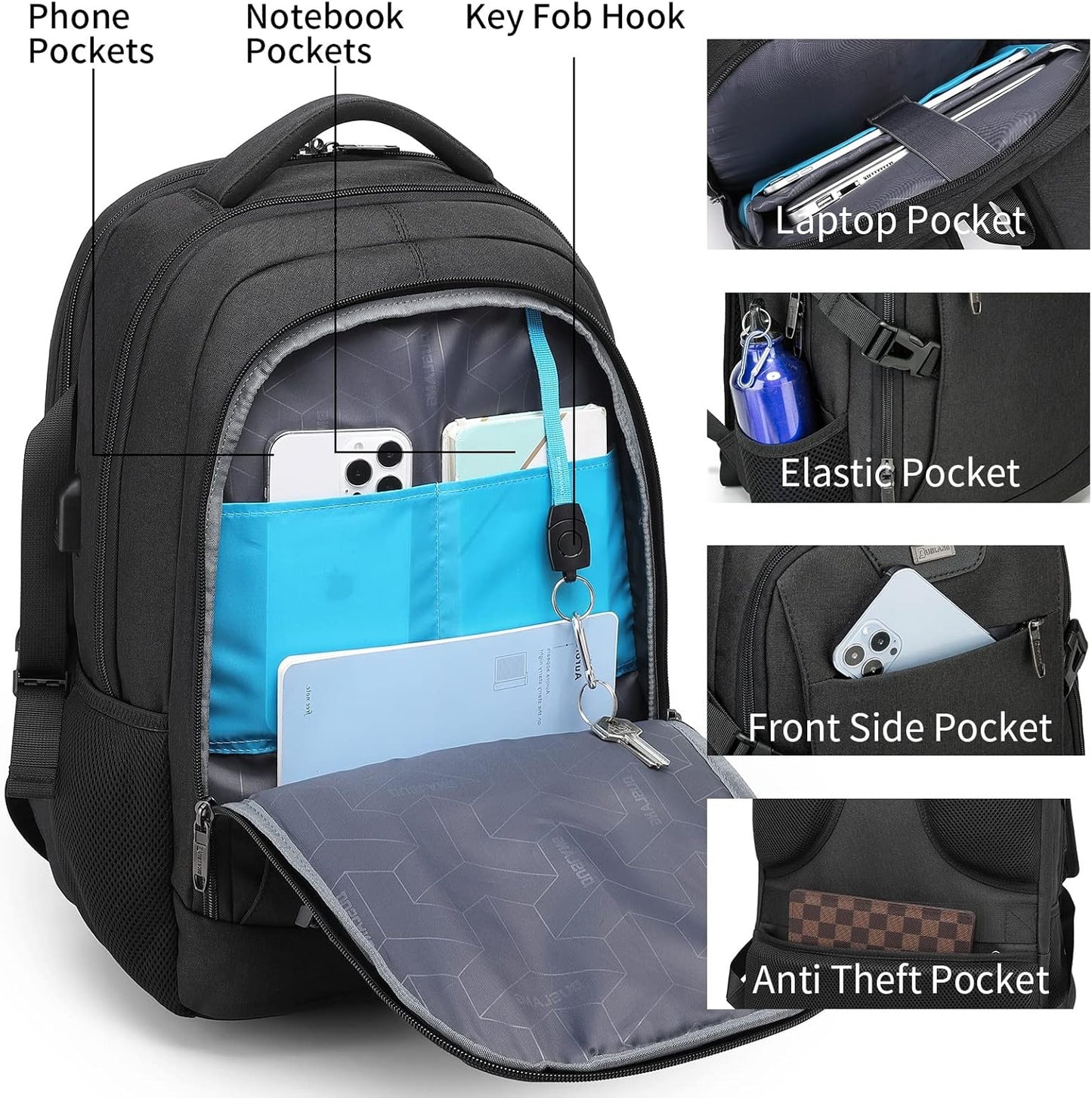 Mochila de Viaje Resistente al Agua para Laptop con Puerto USB y Almacenamiento Organizado