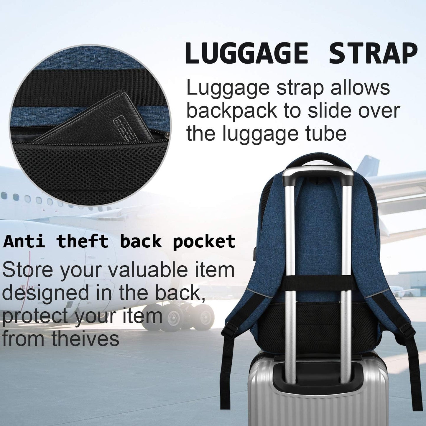 Mochila delgada antirrobo para laptop con puerto de carga USB