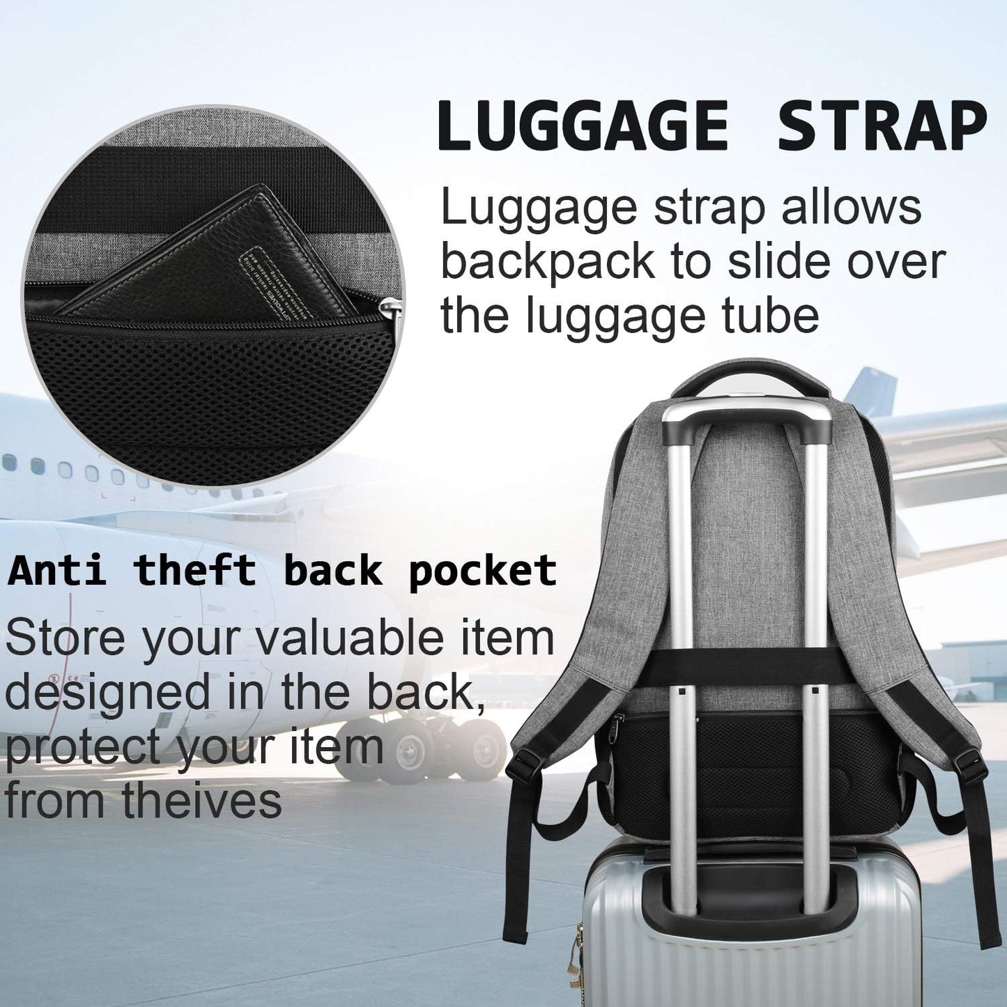 Mochila delgada antirrobo para laptop con puerto de carga USB