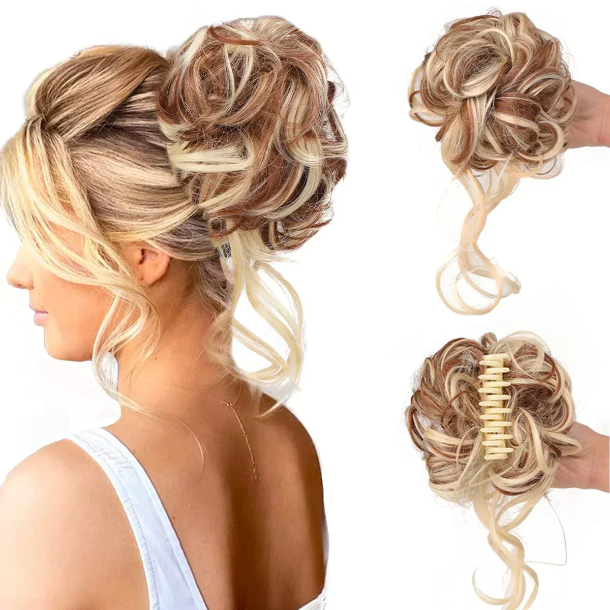 Moño de pelo rizado con pinza – Extensión de postizo con volumen y aspecto natural