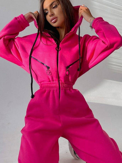 Mono deportivo ajustado con capucha, cremallera y cintura elástica para mujer