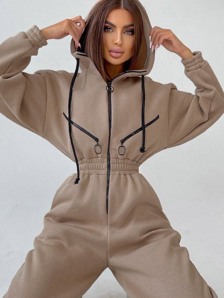 Mono deportivo ajustado con capucha, cremallera y cintura elástica para mujer