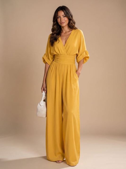 Mono largo retro de pierna ancha con cuello en V para mujer