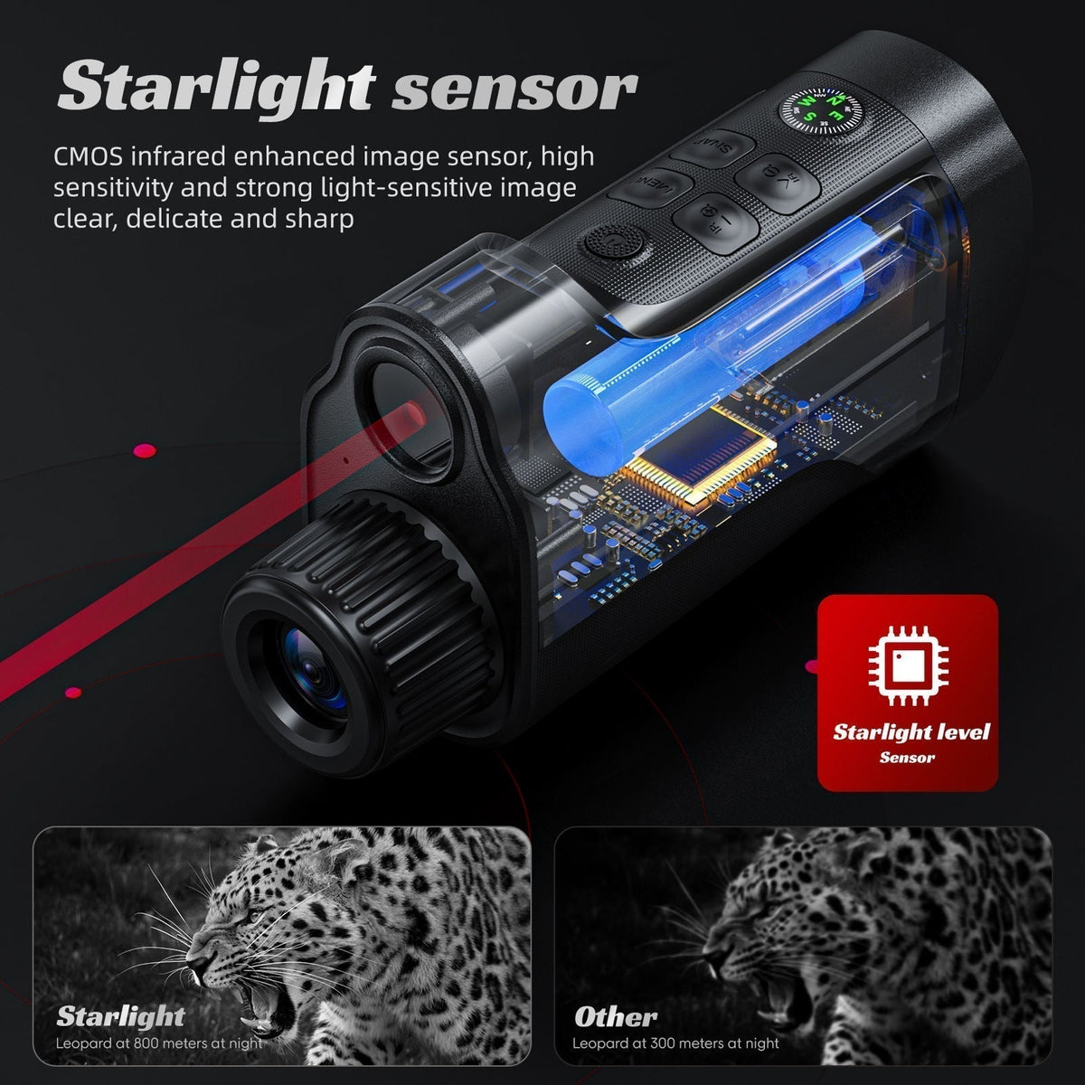 Monocular térmico HD 1080P con alcance de 800 m, zoom digital de 10x e iluminador infrarrojo de 5 W