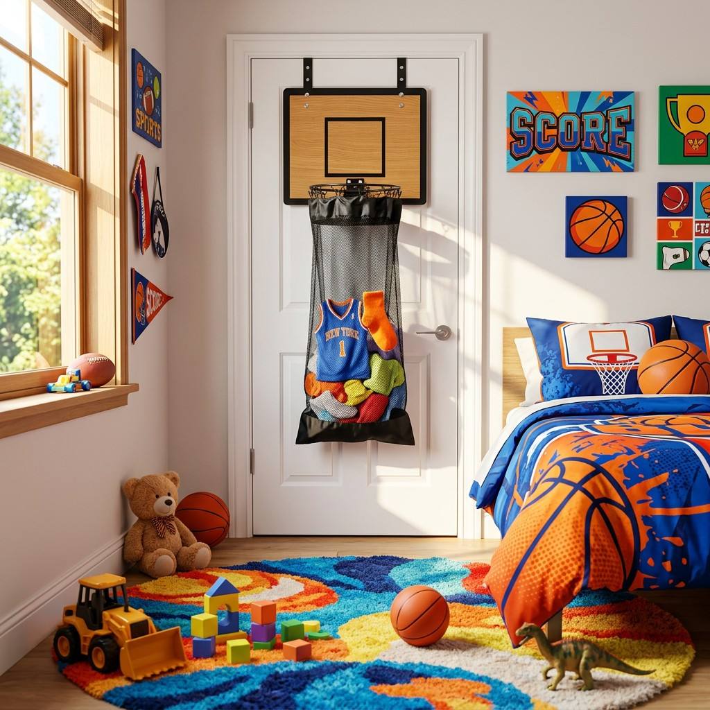 Organizador colgante con diseño de canasta de baloncesto para ropa y juguetes