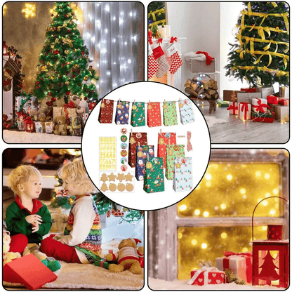Pack de 24 bolsas navideñas para regalo multicolores con diseños festivos