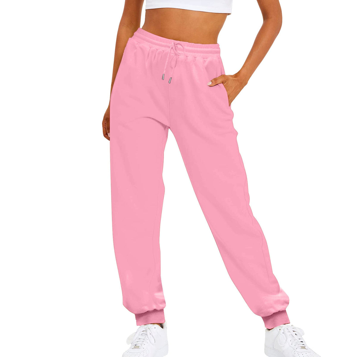 Pantalón jogger de tiro alto y corte holgado para mujer con cintura elástica, cordón ajustable y puños acanalados