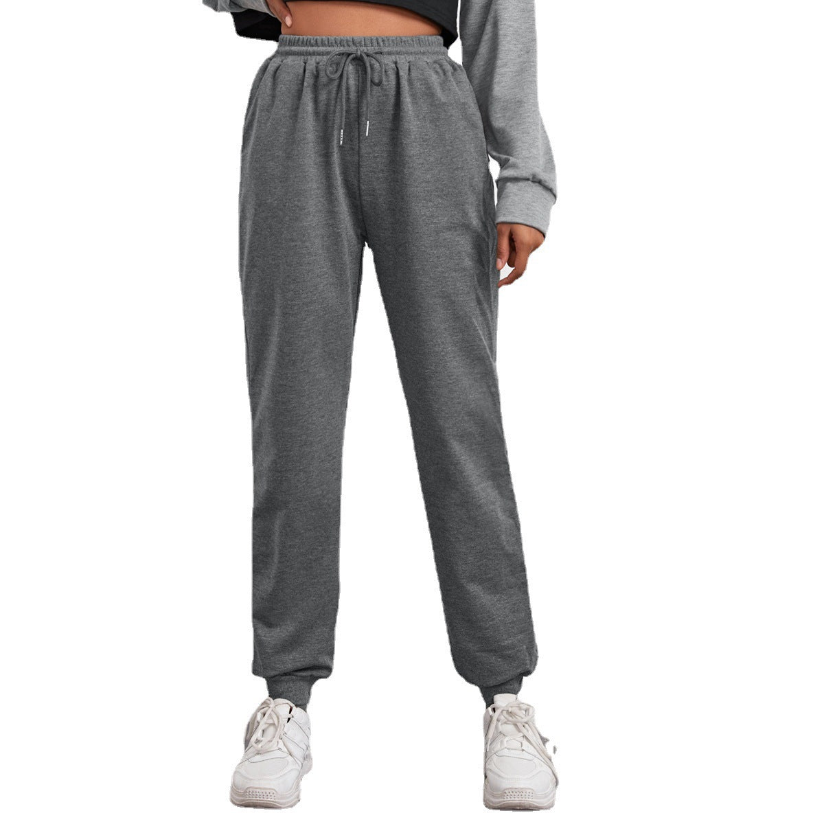 Pantalón jogger de tiro alto y corte holgado para mujer con cintura elástica, cordón ajustable y puños acanalados