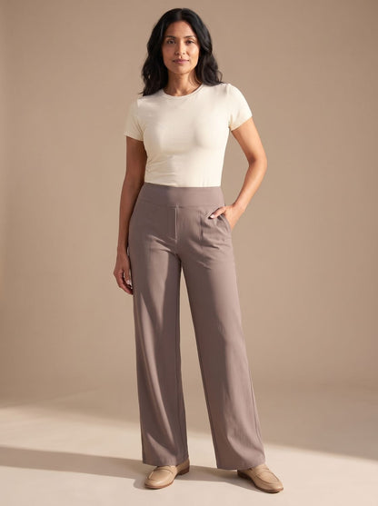 Pantalones de vestir de pernera ancha y tiro alto con bolsillos para mujer