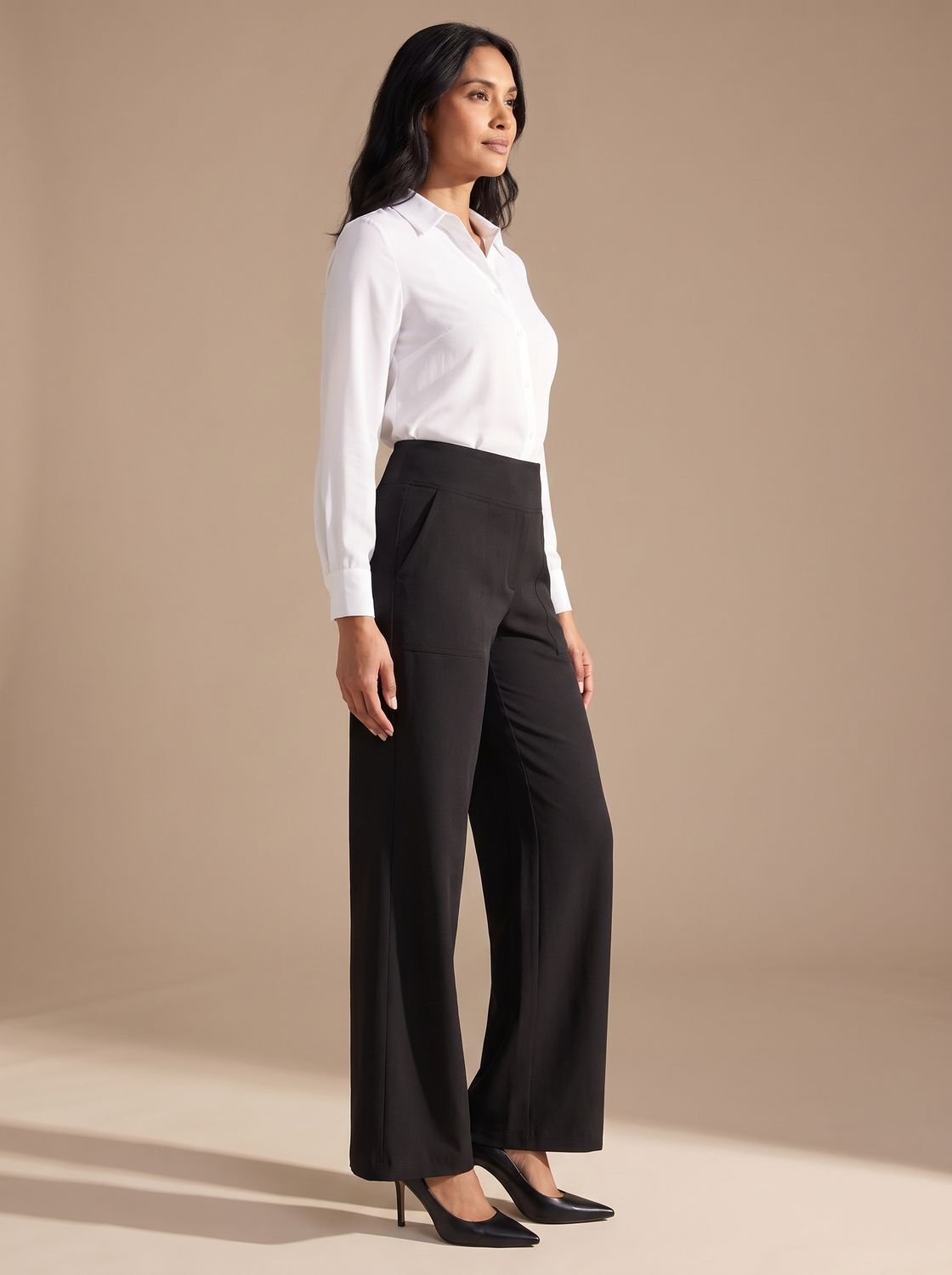 Pantalones de vestir de pernera ancha y tiro alto con bolsillos para mujer