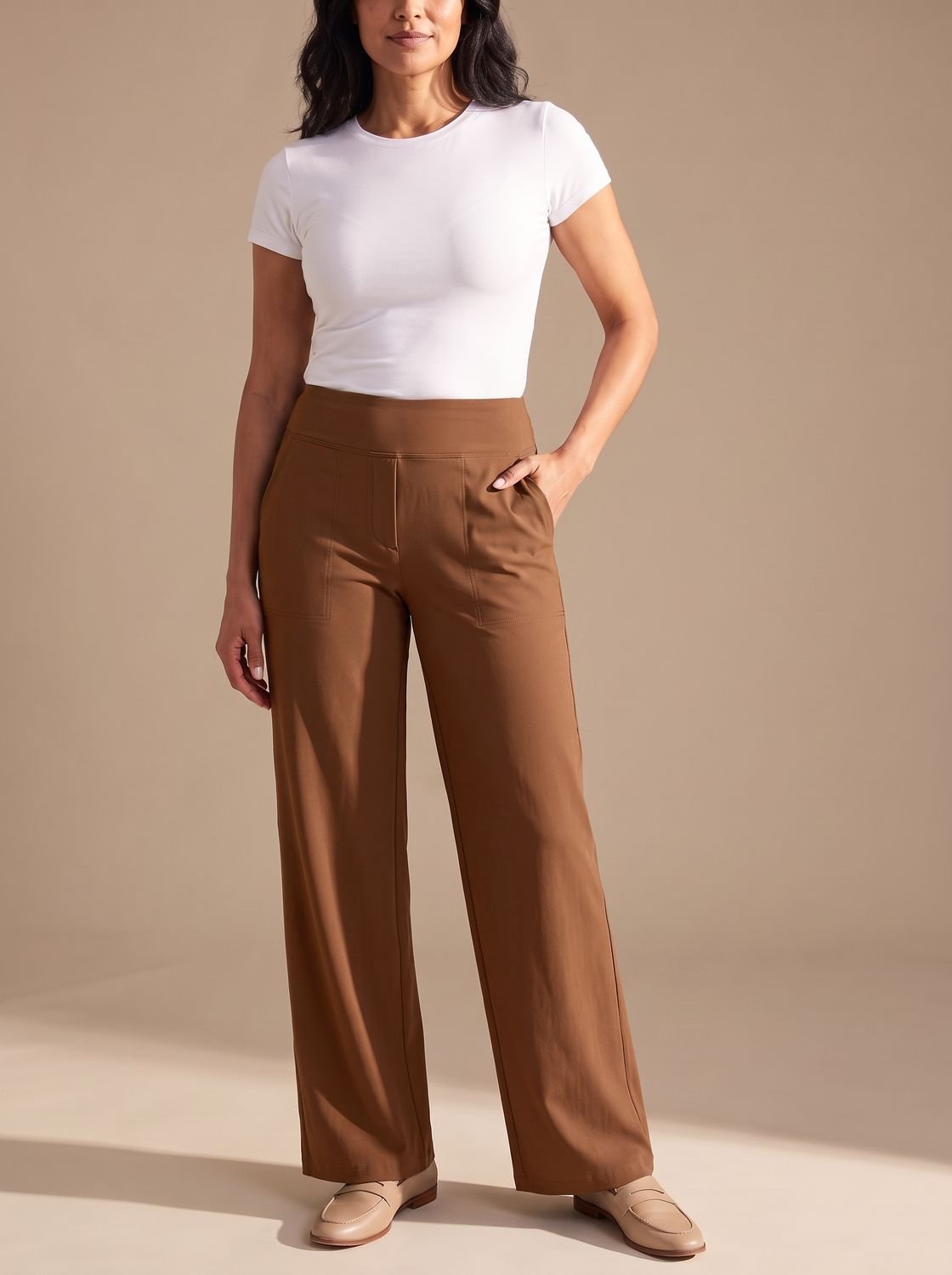 Pantalones de vestir de pernera ancha y tiro alto con bolsillos para mujer