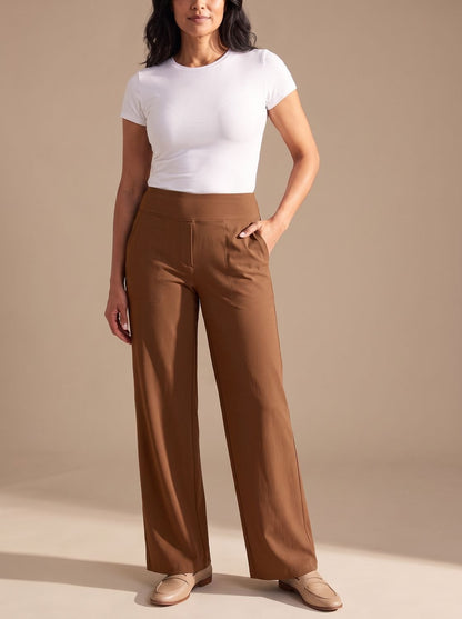 Pantalones de vestir de pernera ancha y tiro alto con bolsillos para mujer