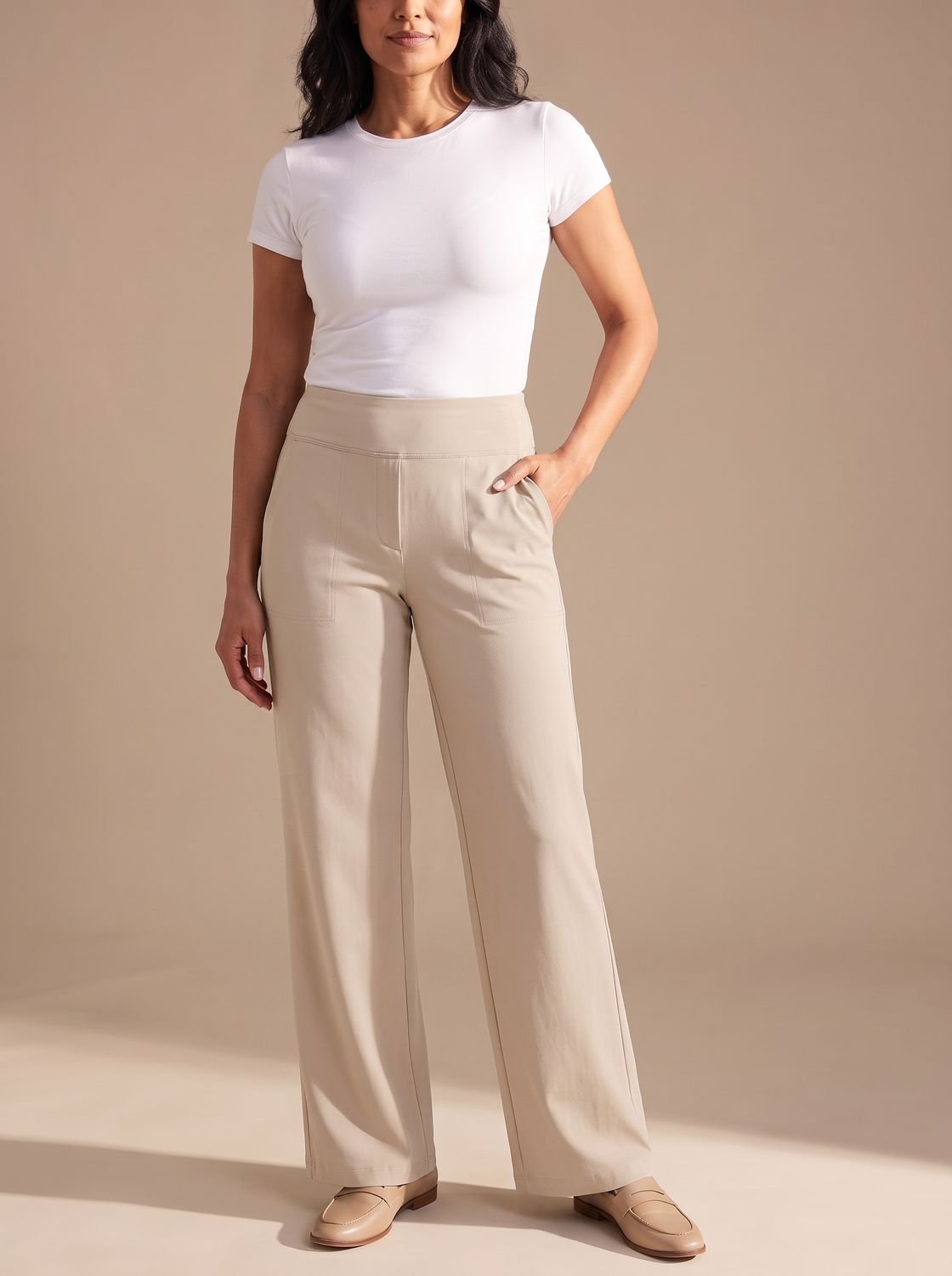Pantalones de vestir de pernera ancha y tiro alto con bolsillos para mujer