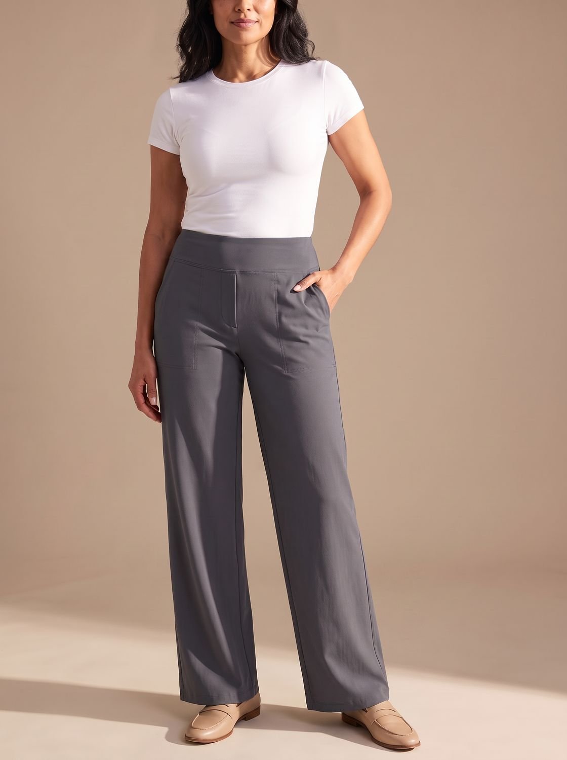 Pantalones de vestir de pernera ancha y tiro alto con bolsillos para mujer