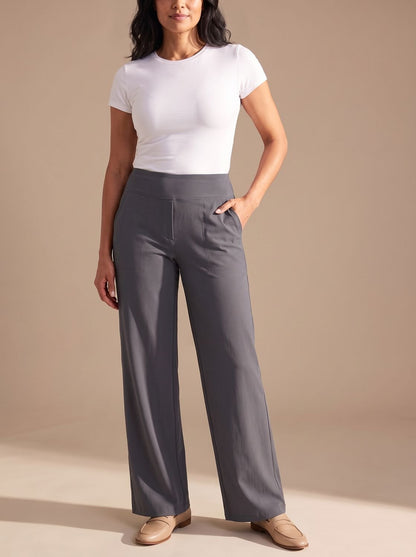 Pantalones de vestir de pernera ancha y tiro alto con bolsillos para mujer