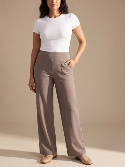 Pantalones de vestir de pernera ancha y tiro alto con bolsillos para mujer