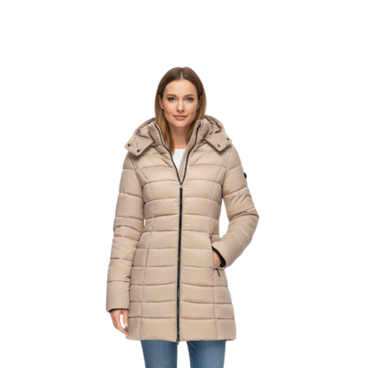 Parka acolchada tres cuartos para mujer con capucha - Parka de invierno cálida y chaqueta acolchada