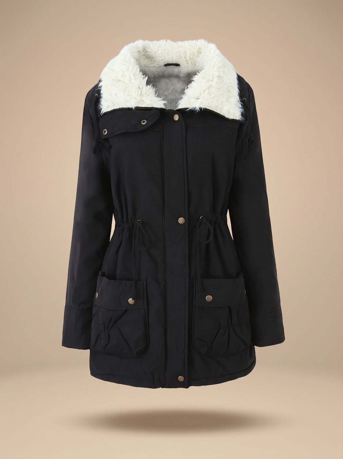 Parka de invierno para mujer con cuello de pelo sintético y cintura con cordón ajustable
