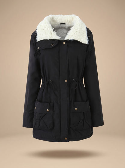 Parka de invierno para mujer con cuello de pelo sintético y cintura con cordón ajustable