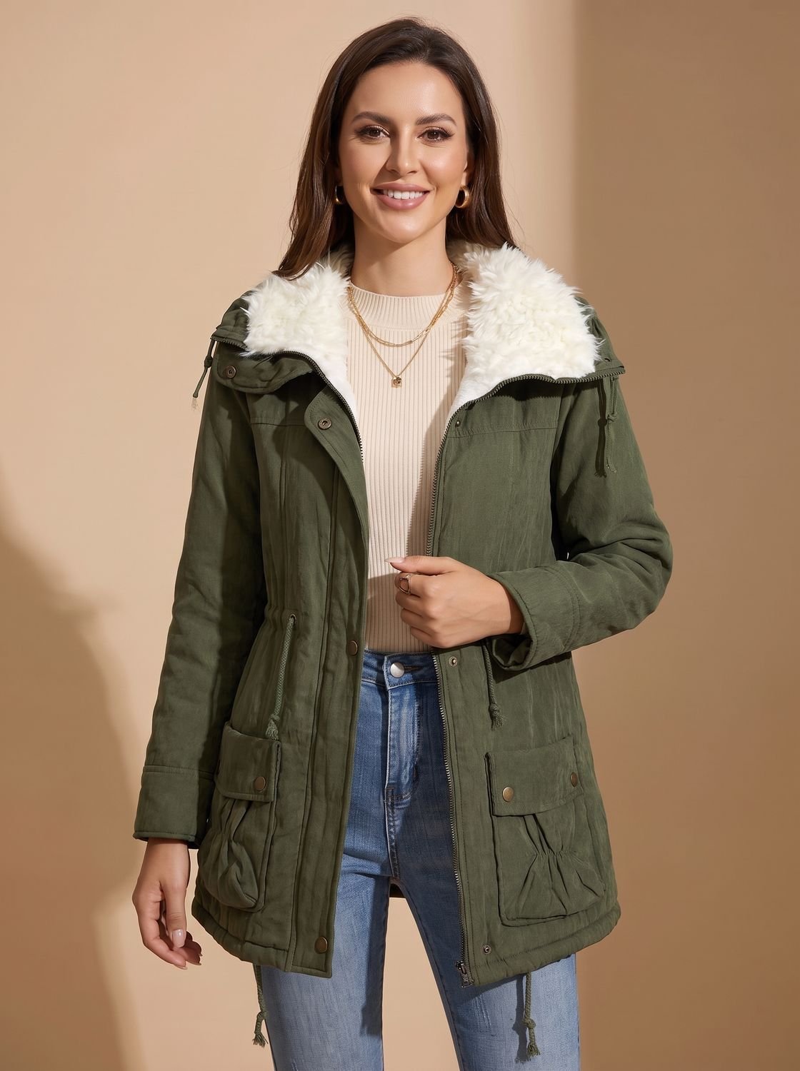 Parka de invierno para mujer con cuello de pelo sintético y cintura con cordón ajustable