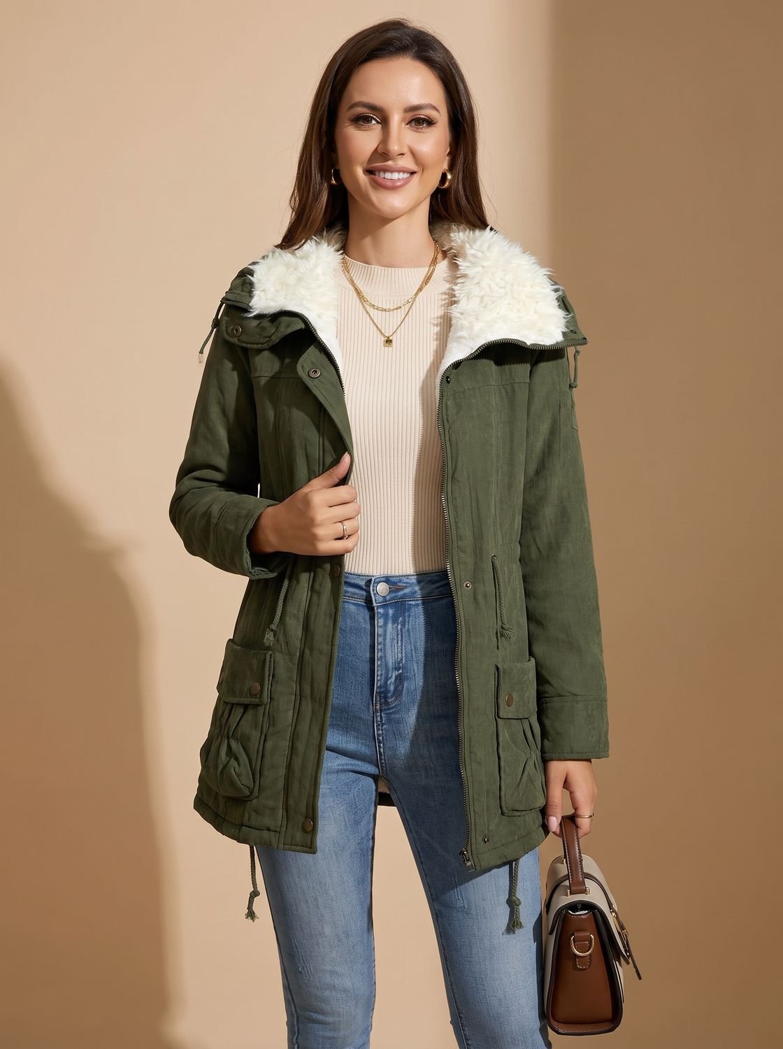 Parka de invierno para mujer con cuello de pelo sintético y cintura con cordón ajustable