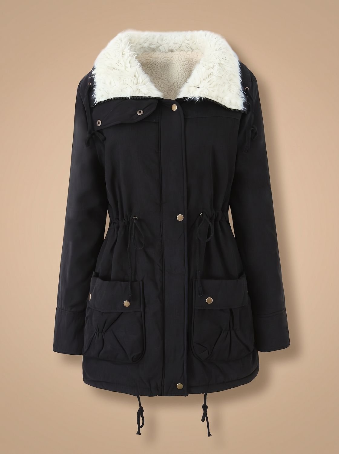 Parka de invierno para mujer con cuello de pelo sintético y cintura con cordón ajustable
