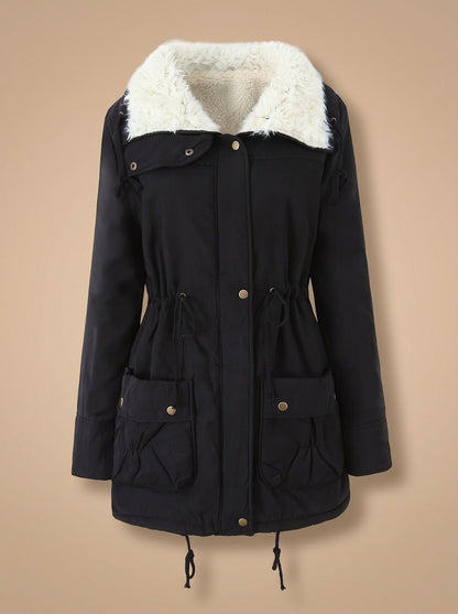 Parka de invierno para mujer con cuello de pelo sintético y cintura con cordón ajustable