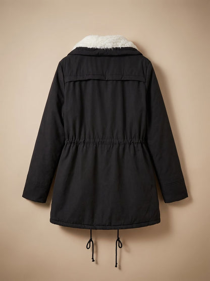 Parka de invierno para mujer con cuello de pelo sintético y cintura con cordón ajustable
