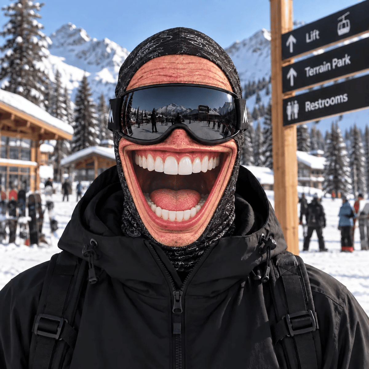 Pasamontañas con estampado de rostro realista – Máscara divertida de esquí y snowboard para aventuras en clima frío