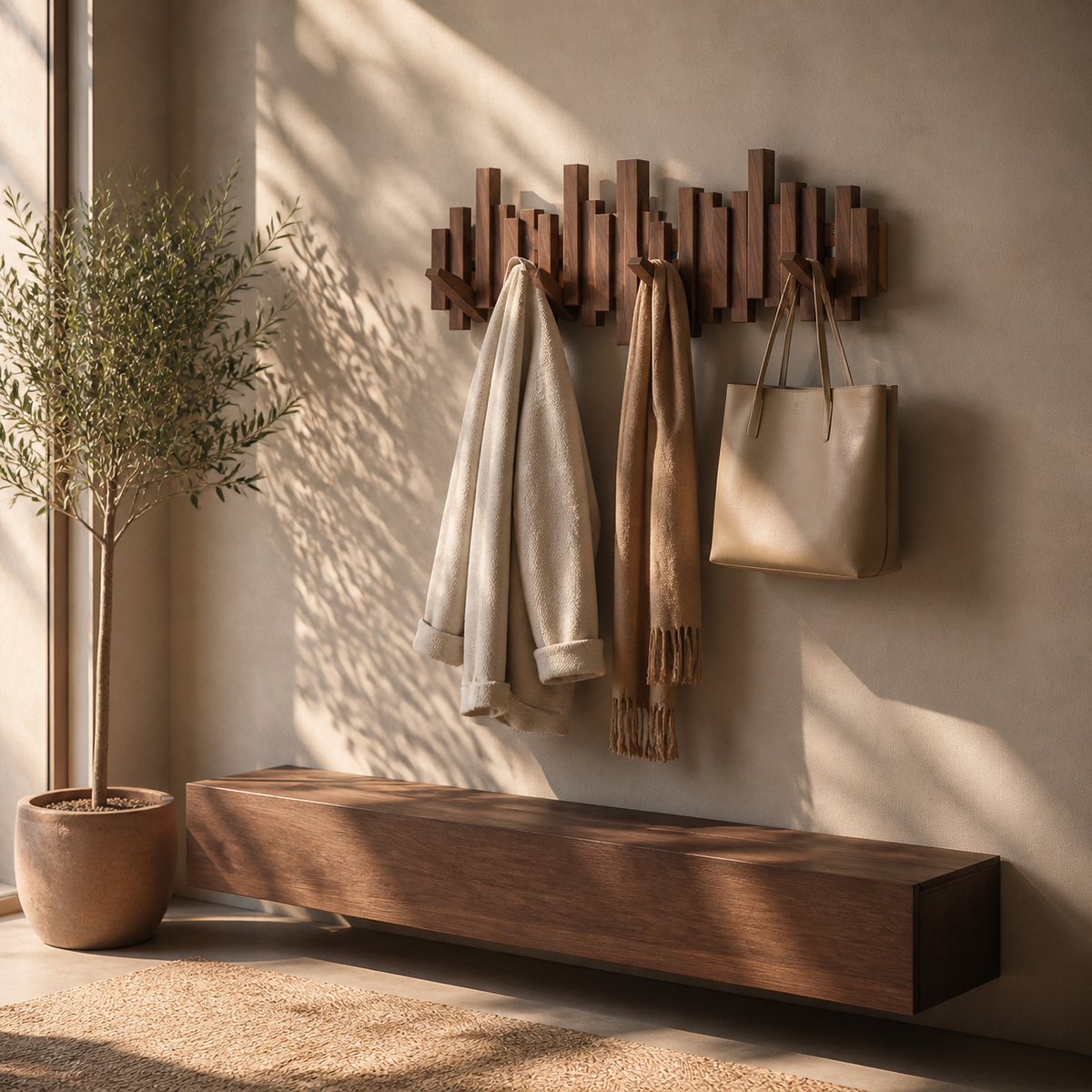 Perchero de pared escultural de madera