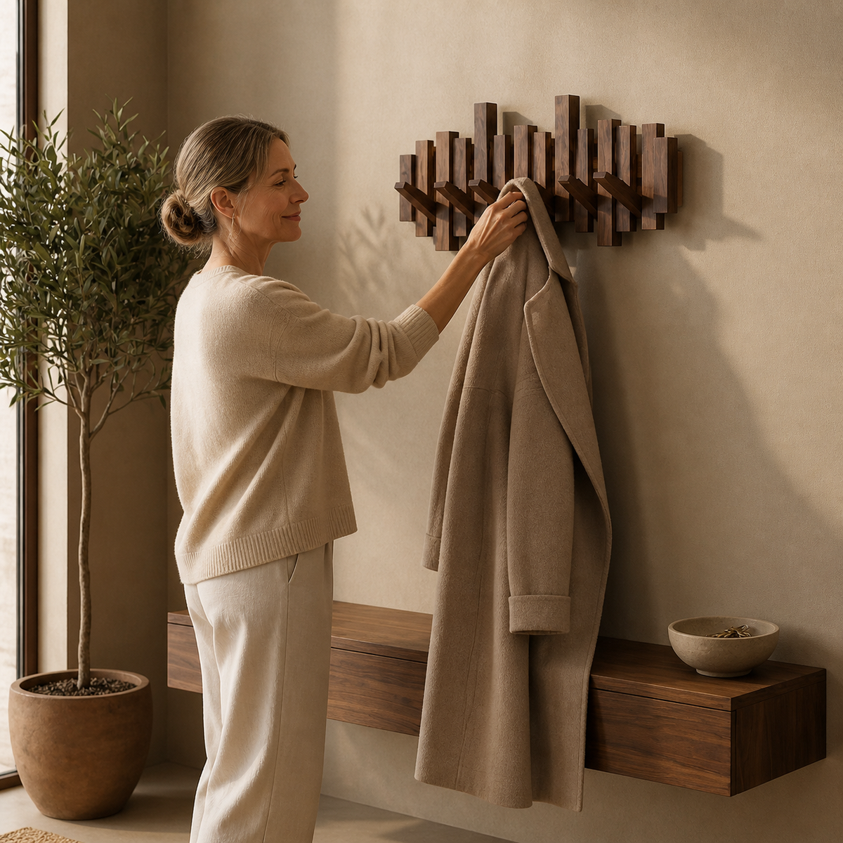 Perchero de pared escultural de madera